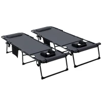 Outsunny 2 Piece Folding Chaise Lounge Pool Chairs with 5-level Reclining Back, Reading Hole, Side Pocket, Gray(m-11)