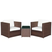 Outsunny Wicker Bistro Patio Set, 2 Porch Chairs & Glass Table, White(m-1)