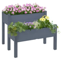 Outsunny 34"x34"x28" Raised Garden Bed 2-Tier Wooden Planter Box for Backyard, Patio to Grow Vegetables, Herbs and Flowers, Gray(m-1)