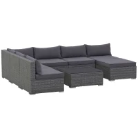 Outsunny Patio Furniture Set, 8 Pieces, Sectional Sofa, All Weather PE Rattan Conversation Set, Tempered Glass Table, 6 Seats, Ottoman Footstool, Cushions for Lawn, Backyard, Gray(m-1)