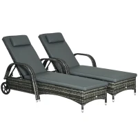 Outsunny 2 Piece Reclining Chaise Lounge Chairs, Outdoor Rattan Sun Longers with Cushion, Wheels for Poolside, Patio, Mixed Gray(m-11)