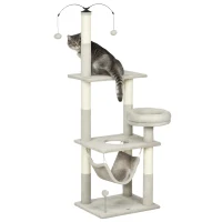 PawHut 57.5" Cat Tree for Indoor Cats with Scratching Posts, Cat Condo with Hammock, Bed, Toys, Grey(m-11)