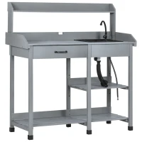Outsunny Potting Bench Table, Outdoor Garden Table Wooden Work Station with Removable Sink, Faucet, Drawer, Shelves, Hooks, Gray(m-1)