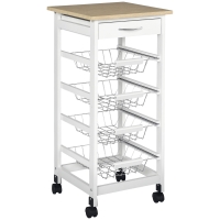 HOMCOM Mobile Kitchen Cart, Rolling Kitchen Island with Storage, Solid Wood Frame Utility Cart with Wire Fruit Baskets and Drawer, White