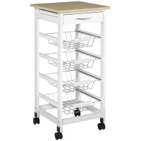 HOMCOM Mobile Kitchen Cart, Rolling Kitchen Island with Storage, Solid Wood Frame Utility Cart with Wire Fruit Baskets and Drawer, White(m-1)