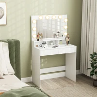 HOMCOM Vanity Table, Makeup Dressing Table with LED Lighting Mirror, Charging Station and Drawers for Bedroom, White(m-8)