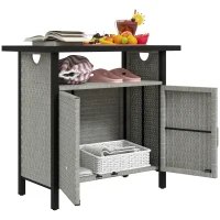 Outsunny Outdoor Pool Towel Storage Cabinet Organizer, Outdoor Bar Table with Shelf and Cabinet, Pool Towel Holder Pool Valet with Weather-Resistant PE Rattan and Steel Frame, Gray(m-11)