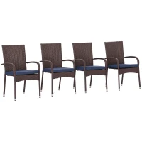 Outsunny Stackable 4 PE Rattan Outdoor Dining Chairs with Cushions, Patio Wicker Dining Chairs with Armrests & Backrest, Blue(m-11)