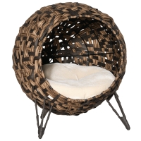 PawHut 20.5" Weaved Cat Bed, Elevated Hand-woven Braided Banana Leaf Kitten House Condo with Cushion, Brown