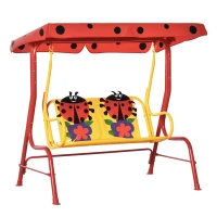 Outsunny Porch Swing for Kids with Adjustable Canopy to Block Sun at Angles, Kids Swing Chair with Seatbelts, Ladybug Pattern, Gift for Kids Ages 3-6, Red(m-1)