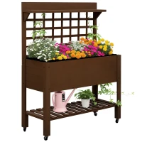 Outsunny 41" Raised Garden Bed Mobile Elevated Wooden Planter Box Stand with Wheels, Trellis and Storage Shelf, Dark Brown(m-1)