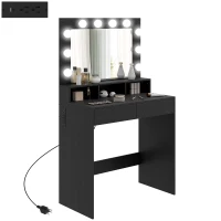 HOMCOM Vanity Table, Makeup Dressing Table with LED Lighting Mirror, Charging Station and Drawers for Bedroom, Black(m-11)