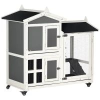 PawHut 43" Indoor Rabbit Hutch with an Extra Hideout, 2-Story Bunny Rabbit Cage Playpen Cottage with Space-Saving Design, Bunny Hutch with Removable Tray, Gray(m-1)