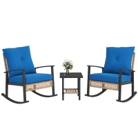Outsunny 3 Pieces Bistro Set, Patio Wicker Furniture Set with Button Tufted Cushions, Rattan Rocking Chairs, Coffee Table, Blue(m-11)