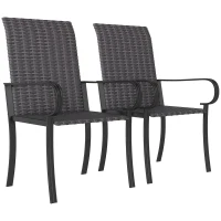 Outsunny Set of 2 Outdoor Wicker Dining Chairs with Armrest, Steel Frame, High Back and Deep Seating, Brown(m-11)