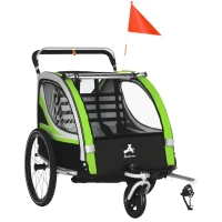 Aosom 2-in-1 Walk/Ride Child Baby Bike Trailer for Kids 2 Seater, High-Visibility Bike Stroller for Toddler Wagon, Weather-Strong Double Bicycle Trailer Accessory for Kids, Green(m-1)