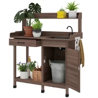 Outsunny Potting Bench Table with Sink, Outdoor Work Bench Table with Storage Cabinet, Hooks, Removable Sink, Faucet and Drawer for Greenhouse, Garden, Patio, Dark Brown(m-11)