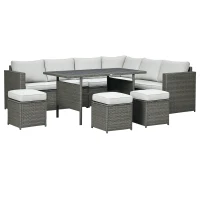 Outsunny Wicker Outdoor Patio Furniture Set, L-Shaped 7 Piece Outdoor Dining Sectional Sofa with Dining Table and Chair, Storage Loveseat, Ottomans and Cushions, Mixed Gray(m-1)