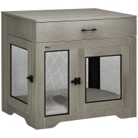 PawHut Dog Crate Furniture with Soft Water-Resistant Cushion, Dog Kennel End Table with Drawer, Puppy Crate for Small Dogs Indoor with 2 Doors, Gray