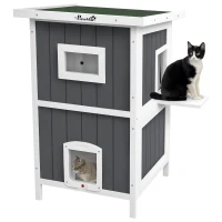 PawHut Outside Cat House Wooden Feral Cat House w/ Weatherproof Roof, Removable Floor, Escape Doors, for 1-2 Cats, Gray(m-11)