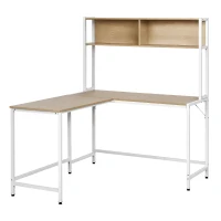 HOMCOM 55 Inch L Shaped Computer Desk with Hutch, Corner Desk for Home Office and Study, Writing Workstation with 2 Storage Compartments, Natural Wood Color(m-1)