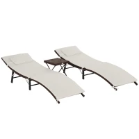 Outsunny Patio Chaise Set, Set Of 2 Folding Pool Lounge Chairs with Side Table, Outdoor PE Rattan Wicker, Cushion, Pillow for Beach, Beige(m-1)