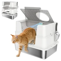 PawHut XL Stainless Steel Litter Box w/ 100° Flip Top, Scoop, Side Top Dual Entry, Odor Free, Easy Cleaning, Anti Leakage(m-11)