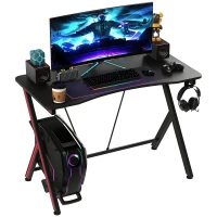 HomCom 41 inch Gaming Computer Desk, Home Office Gamer Table Workstation with Cup Holder, Headphone Hook, Cable Management, Carbon Fiber Surface(m-1)