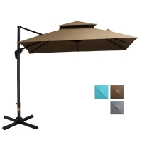 Outsunny 10ft Offset Patio Umbrella with Base, Double Top Hanging Aluminum Cantilever Umbrella with 360-degree Rotation, Easy Tilt, 8 Ribs, Crank, Cross Base, Cover, Strap, Coffee