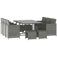Outsunny 11 Pieces Outdoor Dining Set for 10, Space Saving Wicker Chairs and Glass Table with Cushions and Ottomans, Rattan Conversation Patio Furniture Set for Garden Backyard Deck, Dark Gray(m-1)