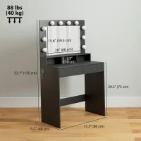 HOMCOM Vanity Table, Makeup Dressing Table with LED Lighting Mirror, Charging Station and Drawers for Bedroom, Black(m-3)