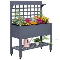 Outsunny 41" Raised Garden Bed Mobile Elevated Wooden Planter Box Stand with Wheels, Trellis and Storage Shelf, Gray(m-1)
