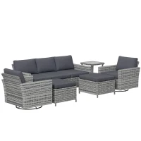 Outsunny 6-Piece Rattan Patio Furniture Set with 3-Seater Sofa, Swivel Rocking Chairs, Footstools, 2 Tier Table, Mixed Gray(m-10)