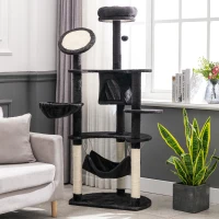 PawHut 60" Multi-Level Plush Cat Tree, Tall Cat Tower with Scratching Posts and 2 Hammocks, Dark Grey(m-8)