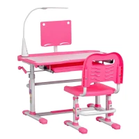 Qaba Kids Desk and Chair Set, Height Adjustable School Study Table and Chair, Student Writing Desk with Tilt Desktop, LED Light, Pen Box, Drawer, Reading Board, Cup Holder, and Pen Slots, Pink(m-1)