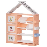 Qaba Kids Toy Storage Organizer with 4 Bins, Storage Cabinets, Bookshelf and 4-Layers Toy Collection Shelves, Orange(m-1)