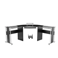 HOMCOM 69" Modern L-Shaped Tempered Glass Office Computer Desk with Elevated Monitor Stand, Rolling CPU Holder, Pull Out Keyboard Tray and Steel Frame, Black(m-1)