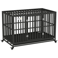 PawHut 49" Heavy Duty Steel Dog Crate Kennel Pet Cage with Wheels for Convenient Access Anti-Pinching Floor, Black(m-11)