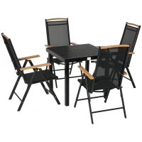 Outsunny 5 Piece Outdoor Furniture Patio Dining Set For 4, Square Outdoor Dining Table, Adjustable Reclining Folding Chairs, Black(m-1)