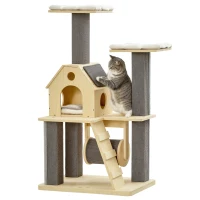 PawHut 49" Cat Tree Kitty Activity Center Wooden Cat Climbing Toy Pet Furniture with Cat Condo Cat Roller Ladder Cushions Sisal Scratching Post Pad, Natural(m-2)