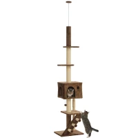 PawHut 89"-100" Floor to Ceiling Cat Tree with Cat Condo, Scratching Posts, 3-Steps, Perches, Hanging Ball & Anti-Tip Kit Brown(m-11)