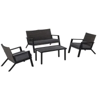 Outsunny 4 Piece Patio Furniture Set, 2 PE Wicker Chairs, Loveseat Sofa, Outdoor Coffee Table, Soft Cushions, Couch & Armchairs for Backyard, Garden, Black(m-1)
