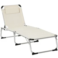 Outsunny Folding Lounge Chair Outdoor 5-Level Reclining Chaise Lounge Chair Outdoor Camping Tanning Chair with Aluminum Frame, Padding, and Headrest for Beach, Yard, Patio, Pool, White(m-1)