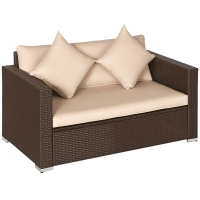 Outsunny Outdoor Wicker Loveseat, Patio Furniture Couch with Cushions, 2 Seats PE Rattan Sofa, 2 Throw Pillows, Beige