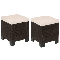 Outsunny 2 Piece Wicker Outdoor Ottomans with Cushions, Rattan Ottoman Footrest and Side Table for Patio, Yard, Poolside, Cream(m-11)