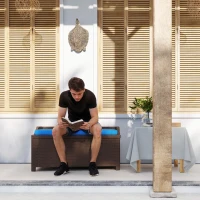 Outsunny Outdoor Wicker Storage Bench with Storage & Cushion, Blue(m-2)