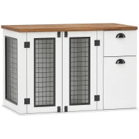 PawHut 44" Furniture Dog Crate with Double Door, Storage & Drawer for Medium Sized Dogs, White(m-11)