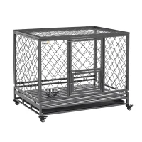 PawHut Heavy Duty Dog Crate, Metal Dog Cage Kennel with Lockable Wheels, Slide-Out Tray, Food Bowl and Double Doors, 42.5"(m-1)