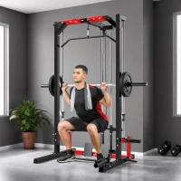 Soozier Smith Machine Power Rack with Pull Up Bar, Lat Pull Down System, Landmine, Squat Rack, Barbell Bar, for Home Gym(m-10)
