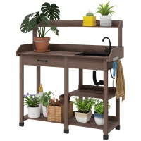 Outsunny Potting Bench Table, Outdoor Garden Table Wooden Work Station with Removable Sink, Faucet, Drawer, Shelves, Hooks, Dark Brown(m-11)